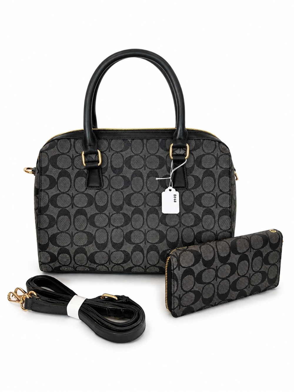 Black Patterned Satchel with Matching Wallet and Strap